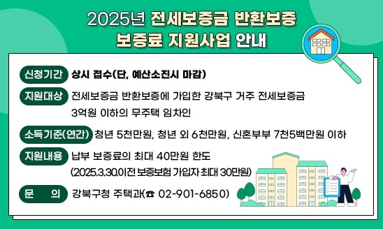 강북구, 주거안전망 강화…전세보증금 반환보증료 지원