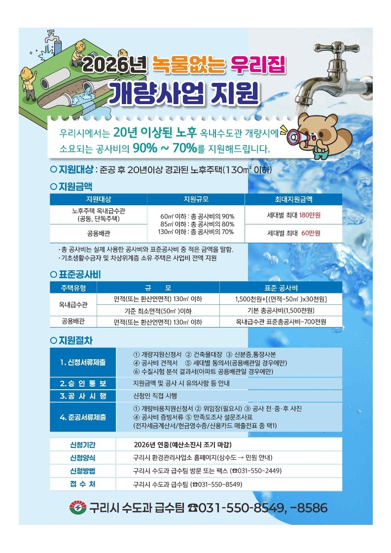 구리시, 2026년 녹물 없는 우리 집 수도관 개량 사업 신청 접수