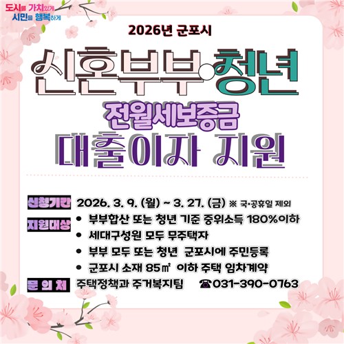 군포시, 신혼부부·청년 전월세 보증금 대출이자 지원사업 대상자 모집