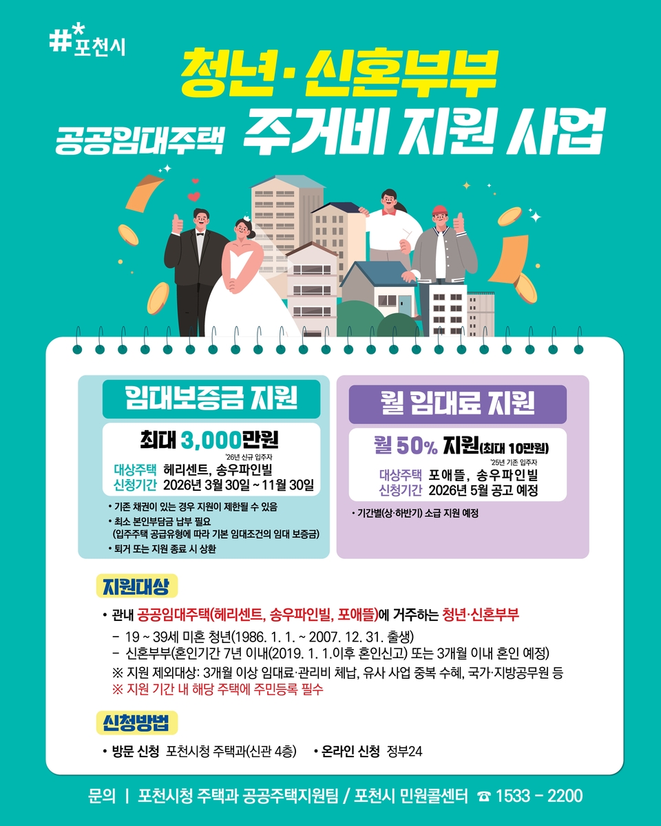 포천시, 무주택 청년·신혼부부 공공임대주택 주거비 지원 시행