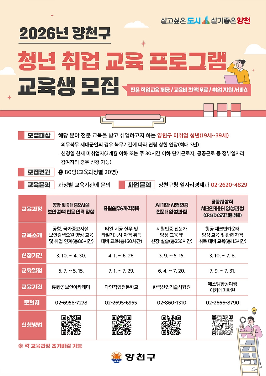 양천구, 청년 취업 성공 패키지 '전문가 양성 교육' 4개 과정 운영…80명 모집
