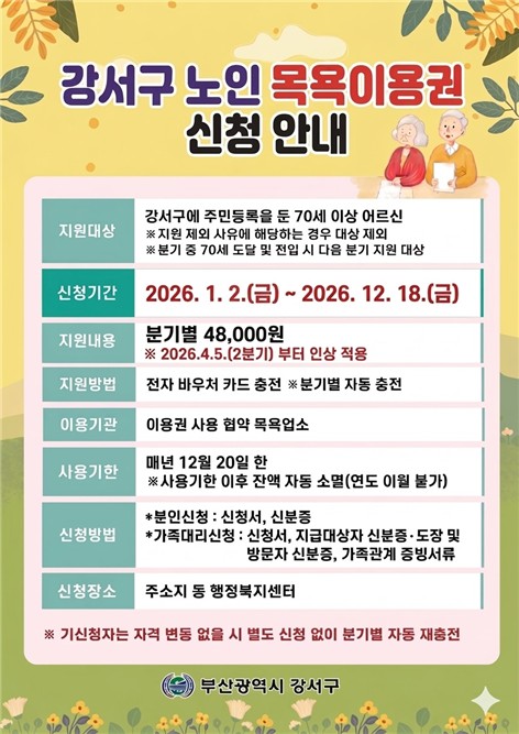 부산 강서구, 노인 목욕이용권 지원금 확대…분기별 4만8천 원 지급