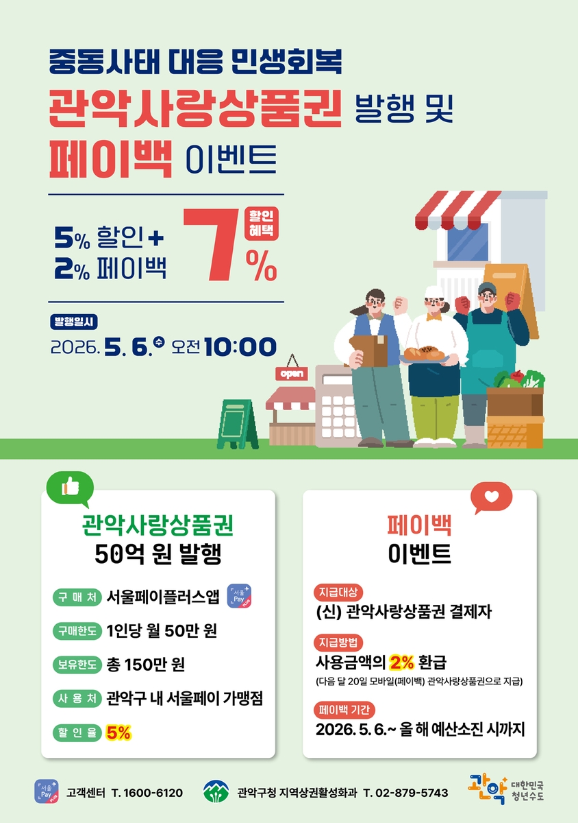 관악구, 관악사랑상품권 50억 발행…중동발 위기 대응 '민생 회복' 집중