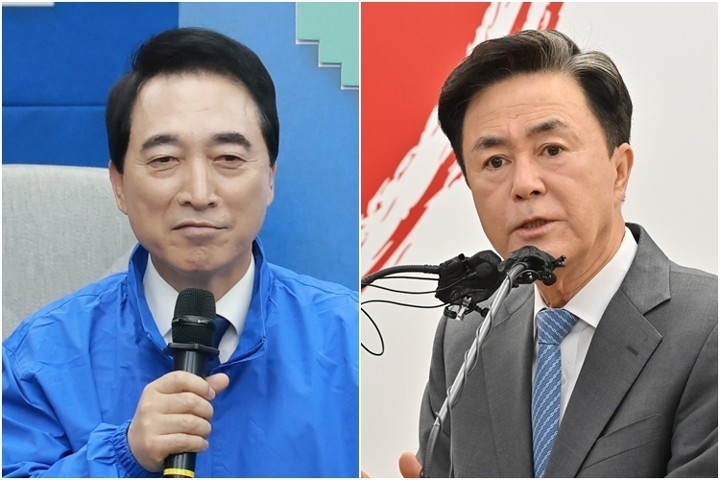 박수현(왼쪽) 후보와 김태흠 후보