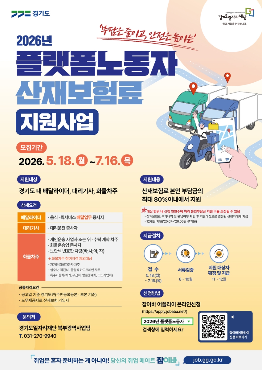 경기도, 플랫폼노동자 산재보험료 본인부담금 최대 80% 지원…18일부터 접수