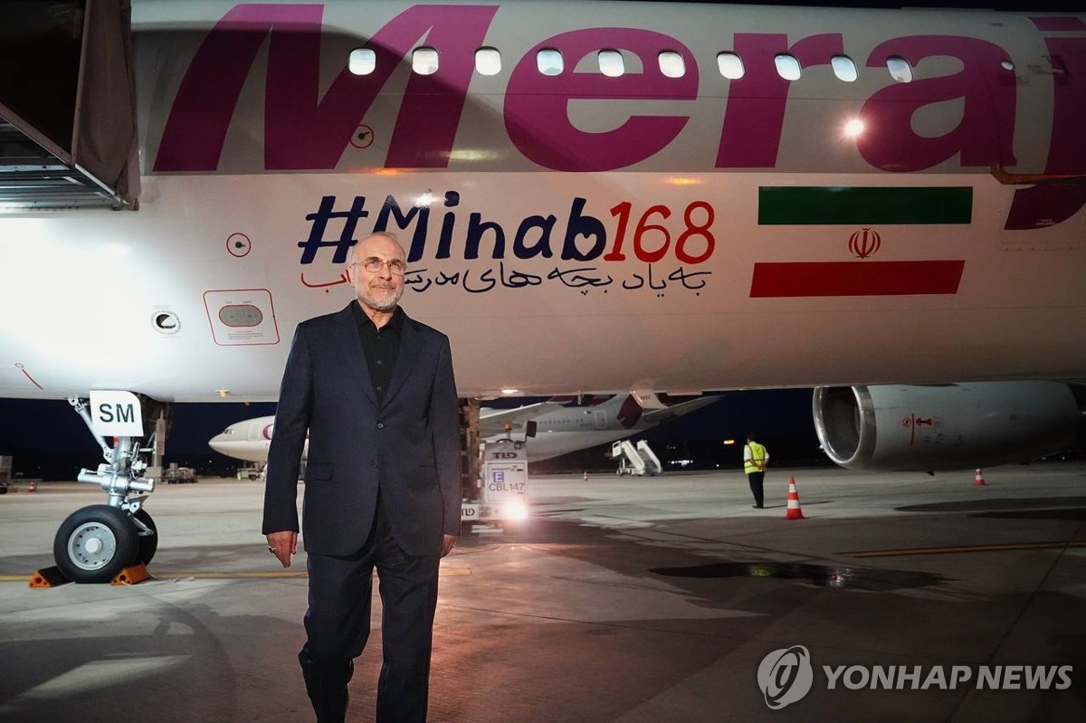 비행기에서 내리는 갈리바프 이란 의회 의장