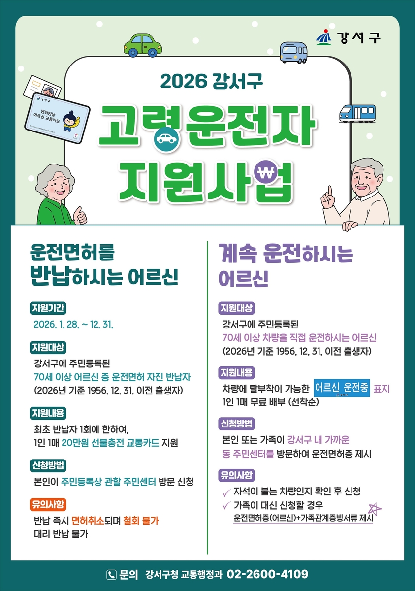 서울 강서구, 면허 반납 어르신에 '교통카드 20만 원' 지원