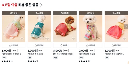 반려동물용 한복과 전통 목도리 등 상품이 품절된 모습