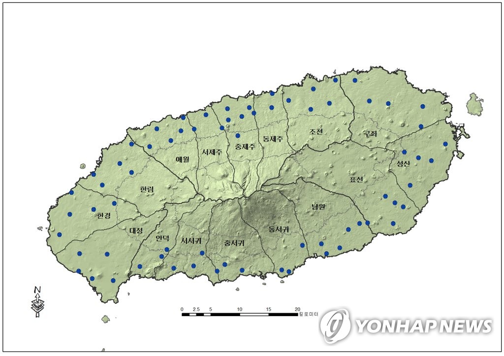 제주도 지하수 기준수위 측정망 분포도